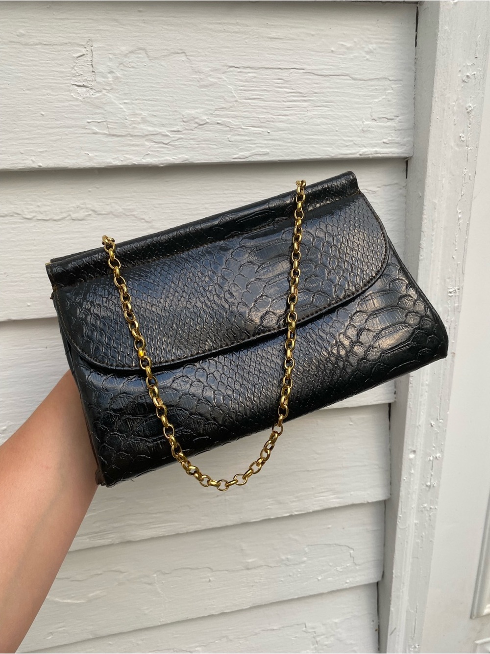 Vintage Metaphor Black Croc-Embossed Clutch with Gold Chain